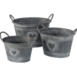 3 ovale zinkpotter med håndtag og hjerte - SÆT