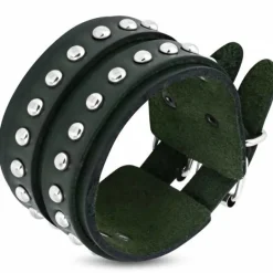 Bredt læderarmbånd med nitter - rød+petroleum+oliven