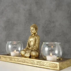 Buddha Lysholder i guld antik til 2 fyrfadslys