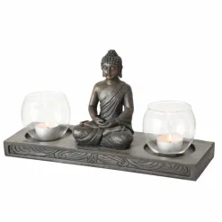 Dobbelt Buddha lysestage med 2 lysglas
