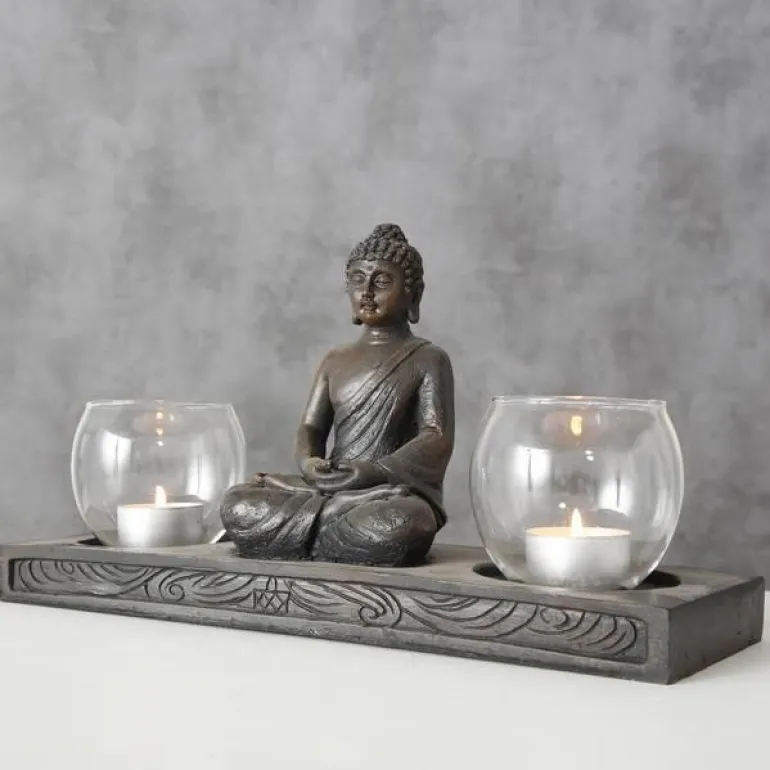 Dobbelt Buddha lysestage med 2 lysglas