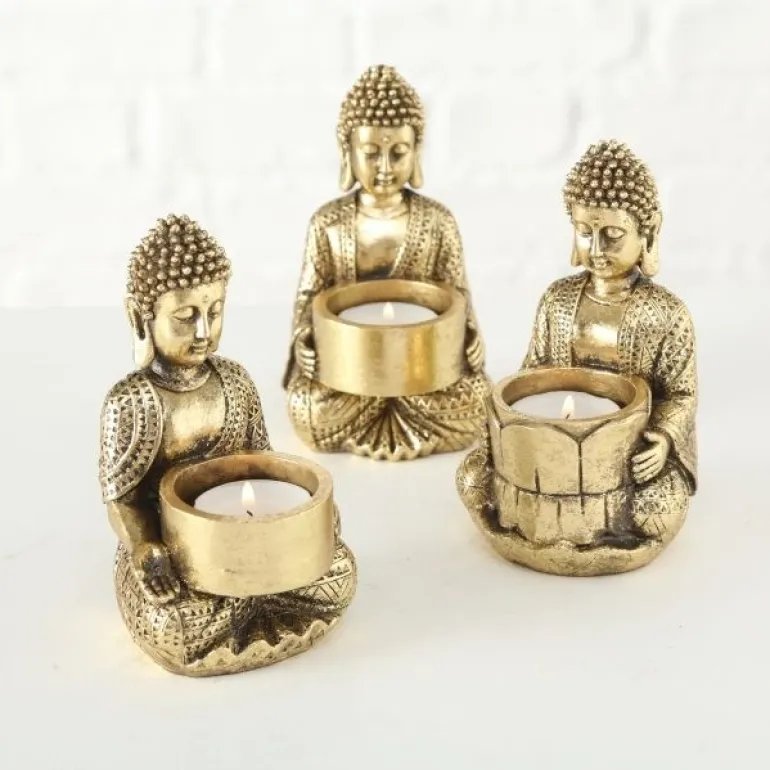 Guld Buddha lysestager til fyrfadslys - 3stk