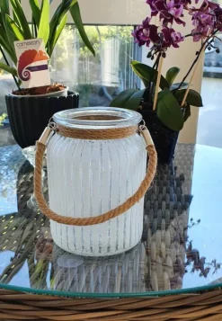 Hurricane lysestage i frosted glas med hampereb