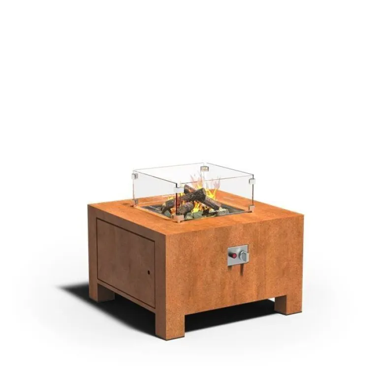 Ildbord i corten stål med brænder og glasskærm