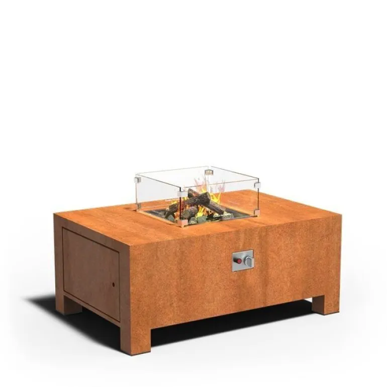 Ildbord i corten stål med brænder og glasskærm