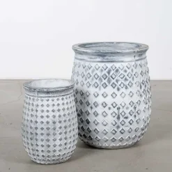 Krukkesæt i Fiberbeton - antik hvid med mønster