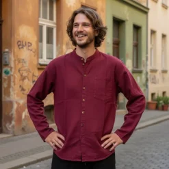 Langærmet skjorte med lav krave til mænd / Sort - Bordeaux - Lime - Blå / Bondeskjorte