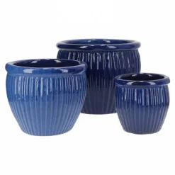 Runde glaserede krukker med ribber - sæt 3stk - 4 farver