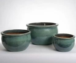 Runde lave glaserede krukker i jadegrøn - Ø.50+Ø.38+Ø.28cm / Sæt