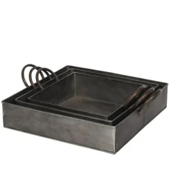Rustikke firkantede zinkfade / bakker med håndtag / 3stk