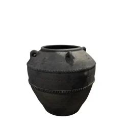 Sort antik vintage Lerkrukke med ører og ornamenter - Ø.40cm