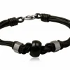 Sort læderarmbånd med stålcharms og onyx - 17cm