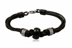 Sort læderarmbånd med stålcharms og onyx - 17cm