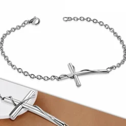 Stålarmbånd med kors - blank eller forgyldt