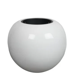 Stor kugleformet hvid rund krukke i glasfiber med indsats