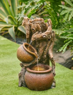 Træstamme / trærod vandfontæne med LED lys og potter
