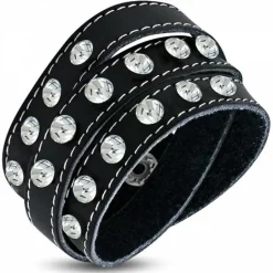 Viklearmbånd i sort læder med zirkon - 60cm