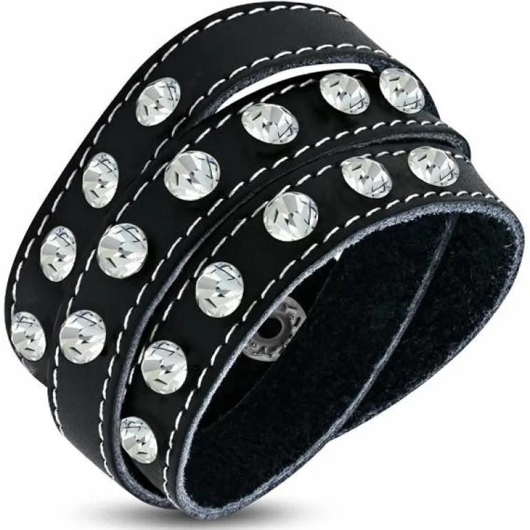Viklearmbånd i sort læder med zirkon - 60cm