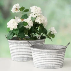 Zinkbaljer / plantebaljer i støvet grå zink med håndtag - Sæt 2stk